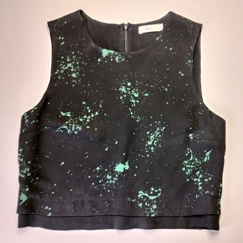 A.L.C. Silk Paint Splatter Crop Top Womens 4 Black Green Sleeveless Layered Hem
